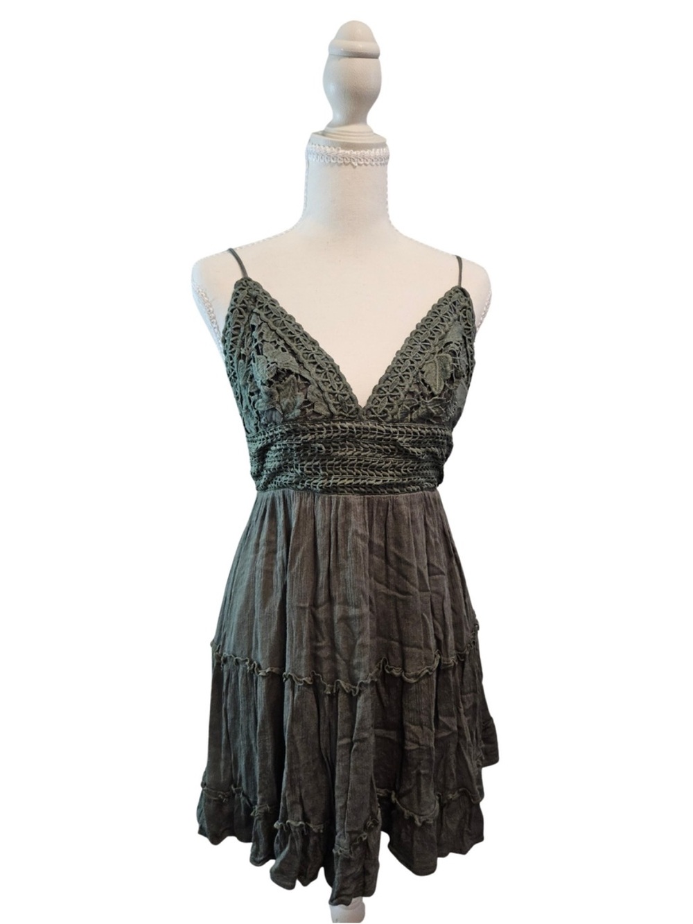 ILLA ILLA Olive Green Crochet Bodice Strapless Dress